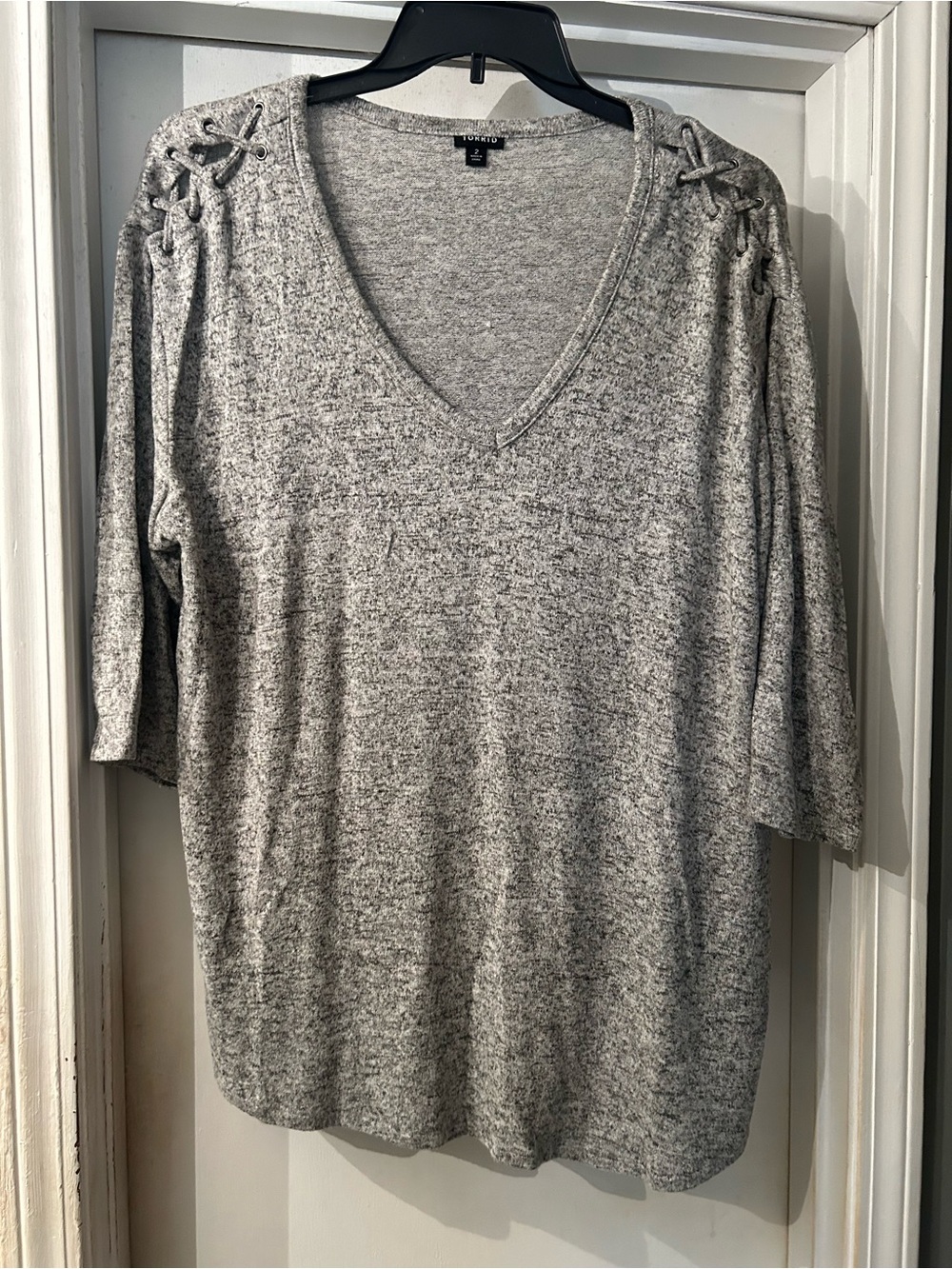 torrid Heather Gray V-Neck Lace-Up Shoulder Sweater